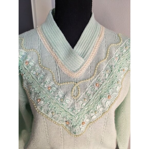Women's Mint/Sea Foam Ribbed Sweater with‎ Lace and Pearl Details - Picture 2 of 7